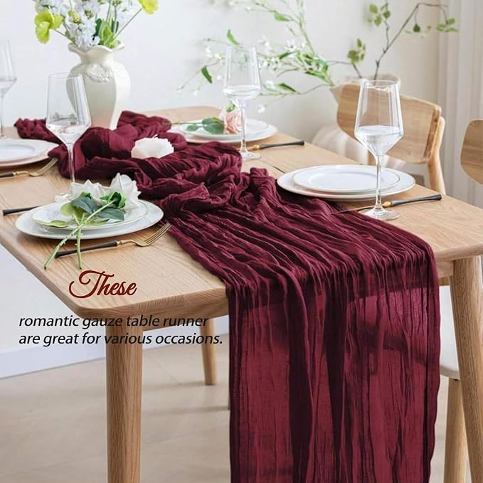 4 Pcs Burgundy Christmas Cheesecloth Table Runner 10Ft, Gauze Table Runners - Image 3