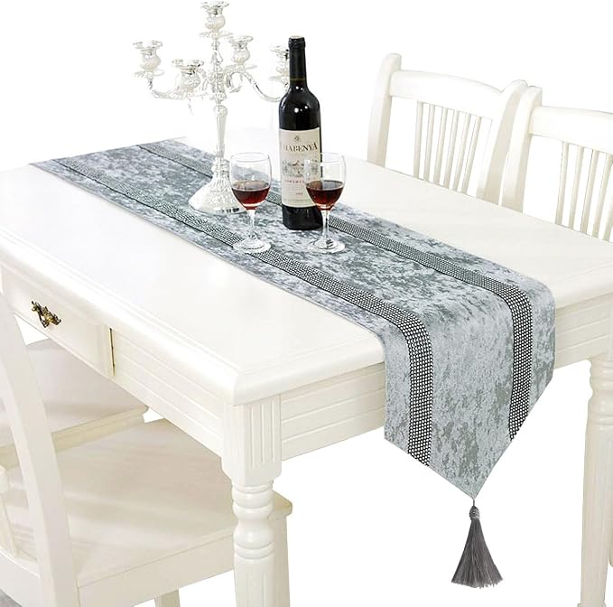 Elegant Grey Table Runner, Ombre Velvet, Dual Bling Diamante Stripes, Modern by Jiino