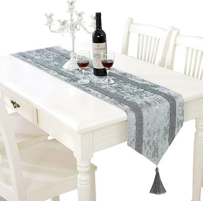 Elegant Grey Table Runner, Ombre Velvet, Dual Bling Diamante Stripes, Modern by Jiino