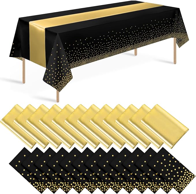 24 Pack Black and Gold Tablecloth and Table Runner Set Party Decorations by Zachely