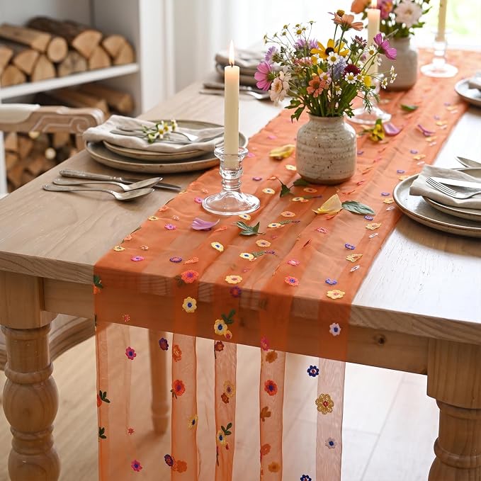 Artoid Mode Caramel Daisy Gauze Table Runner 120 Inch 10FT | Seasonal Sheer - Image 3