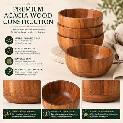 Acacia Wood Round Serving Bowls Set of 4 U Shape Handmade 4.75 Inch Medium Size - Image 2