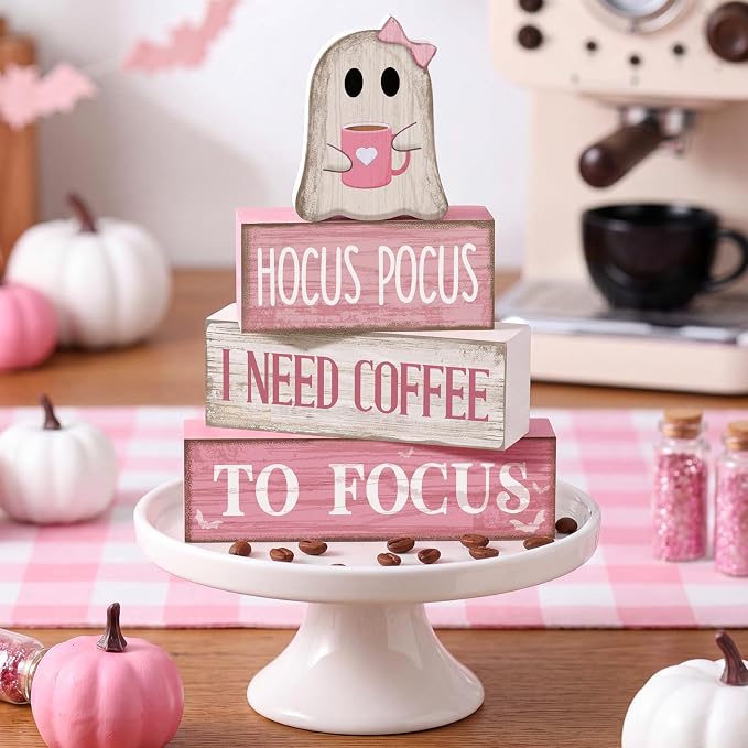 Moucuny 4 Pcs Pink Halloween Table Decorations Coffee Ghost Wooden Stacked - Image 5