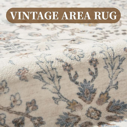 MontVoo-Vintage Area Rug 8X10 Beige for Living Room - Soft Distressed Printed Carpet for Bedroom - Non Slip, Machine Washable for Dining Room, Bedside, Office