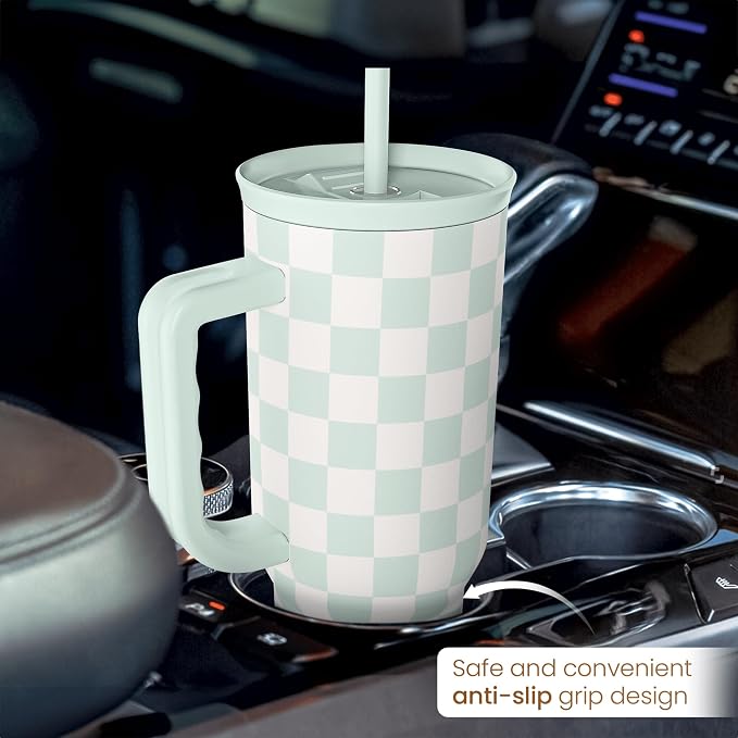 Checkered Tumbler with Handle 40oz, Mint Checker Cup Stainless Steel Insulated - Image 6