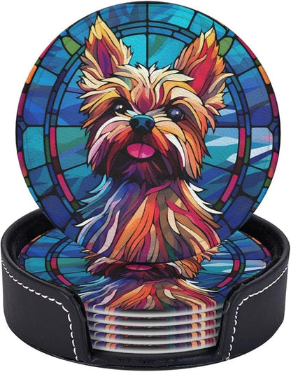 Yorkie Stained Dog Breed Glass Art Leather Drinks Coasters by Novgift