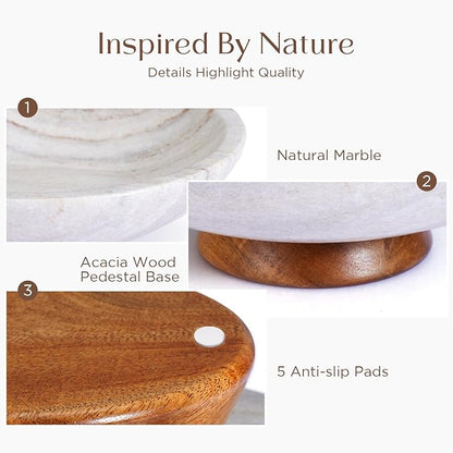 Gray Marble Fruit Bowl with Acacia Wood Pedestal, Large Decorative Footed Bowl, Natural Stone Centerpiece for Kitchen Counter, Entryway, Keys, Dining Table, House Warming Gifts New Home(11Inch)