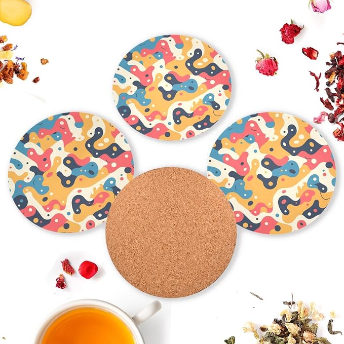 Hand Drawing Camouflage Wavy Aesthetic Drink Coasters Set of 4 Cork Placemats - Image 6