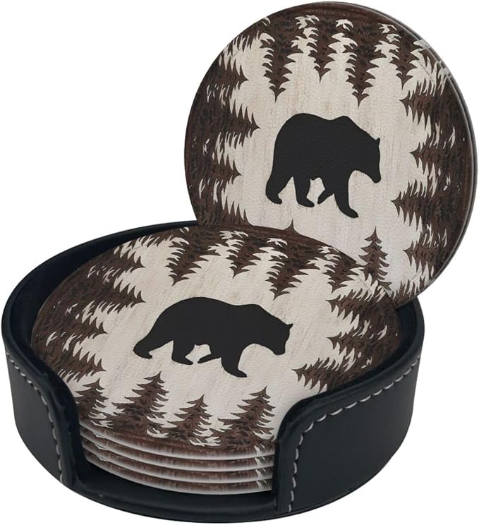 6 Pcs Bear and Pines Leather Coasters - Image 2