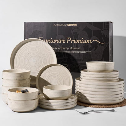 Stoneware Dinnerware Set for 8, Reactive Glaze Plates & Bowls, Shell Beige | by FamiwarePremium