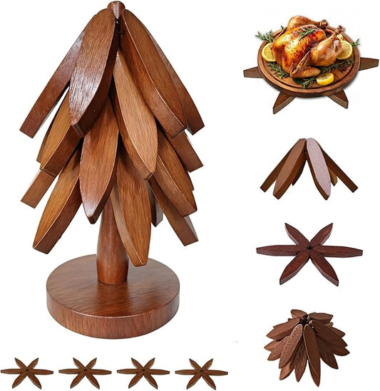 EGO LIFE Wooden Trivet Tree Set for Hot Dishes, 100% Natural Wood, Expandable Design Coaster, Foldable Tree-Sharped Placemats with 4PCS(Walnut Color)