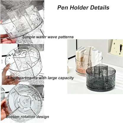 Heavy Duty Rotating Pencil Holder, Desk Organizer with Multi-Compartment Design-Stylish, Functional Storage Solution for Home Offices, Classroom, Art Supplies Storage (Transparent ripple)