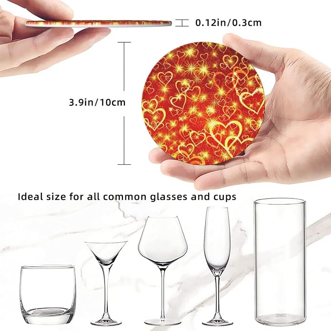 Drink Coasters with Holder Stand Set of 6, Love Heart Yellow Red Pu Leather - Image 3