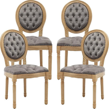 Vintage French Dining Chairs Set of 4, Round Back Velvet Upholstered Accent Chairs with Nailhead Trim and Solid Wood Frame, Elegant Sillas de Comedor for Dining Room & Kitchen, Gray