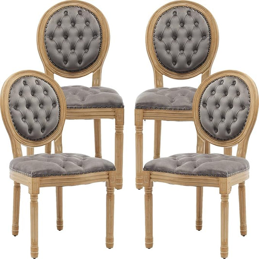 Vintage French Dining Chairs Set of 4, Round Back Velvet Upholstered Accent Chairs with Nailhead Trim and Solid Wood Frame, Elegant Sillas de Comedor for Dining Room & Kitchen, Gray