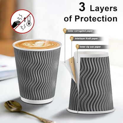 Coffee Cups 10 oz 120 Pack, Corrugated Insulated Ripple Wall Disposable Paper Coffee Cups 10oz, To Go for Hot Beverage or Cold Drinks Office/Home/Cafe/Party/Travel (Grey)