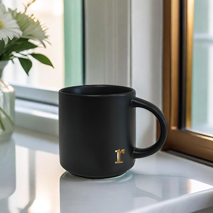 COLLECTIVE HOME Black Ceramic Coffee Mug, 15 oz Golden Monogram Tea Cup | - Image 6