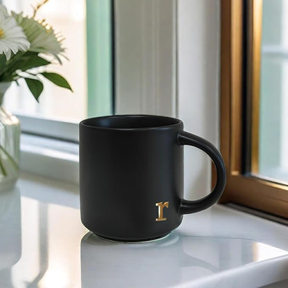 COLLECTIVE HOME Black Ceramic Coffee Mug, 15 oz Golden Monogram Tea Cup | - Image 6