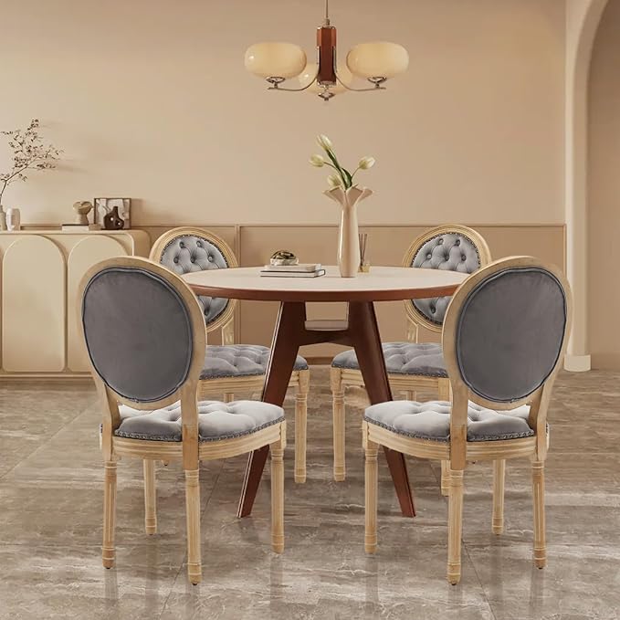 SoarFlash French Dining Chairs Set of 4, Vantage Dining Chair with Round Back, Wood Leg Farmhouse Country Velvet Dining Chair for Kitchen,Bedroom,Grey