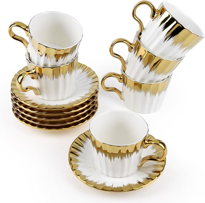 Coffee Cup Set of 6 with Saucers, 3.5 OZ Ceramic Espresso Cups, Deco Golden by Hebaogugu