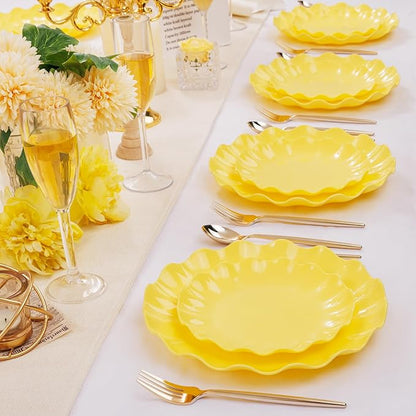 LIYH 24 Pcs Yellow Plastic Plates Reusable, Unbreakable Dinner & Salad Plate, Microwave & Dishwasher Safe, Scalloped Reusable Plastic Plates for Party, Birthday, Picnics (12Guests)