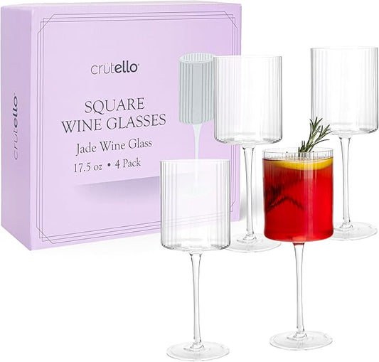 Crutello Square Wine Glasses Set of 4-17.5 oz Unique Fluted Vintage Glasses with Ribbed Texture and Long Stem - Large Modern Red or Fancy White Wine Glass Set, All Purpose