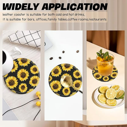 Coasters for Drinks PU Leather,Set of 6 with Holder,Round Housewarming Gift Home Decor,Sunflower On Black Background