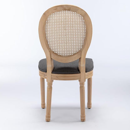 Ball & Cast French Vintage Upholstered Dining Chairs Set of 2, Antique Painting Wooden Kitchen Side-Chairs with Rattan Back & Carved Solid Wood Frame, 2-Piece Curved Backrest Louis Chair, Gray