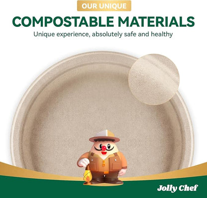JOLLY CHEF Compostable Heavy Duty Plates 𝟭𝟬 𝗜𝗻𝗰𝗵 [𝟭𝟬𝟬 𝗣𝗮𝗰𝗸] Eco-Friendly Disposable Natural Paper Plate Bagasse Biodegradable Food Trays for Party Dinner Hot Cold Food Christmas (Brown)