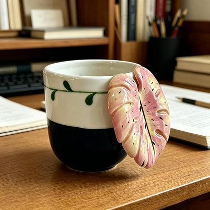Leaf Handle Ceramic Coffee Mug, Flower Mug 10oz - Image 4
