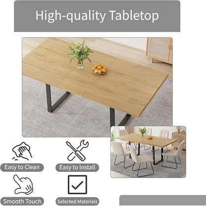 ZckyCine 51"-67" Extendable Dining Table Set for 4-6, Oak Finish Kitchen Table with 6 PU Leather Chairs, Scratch-Resistant MDF Board & Sturdy Metal Legs, Modern Dining Room Furniture