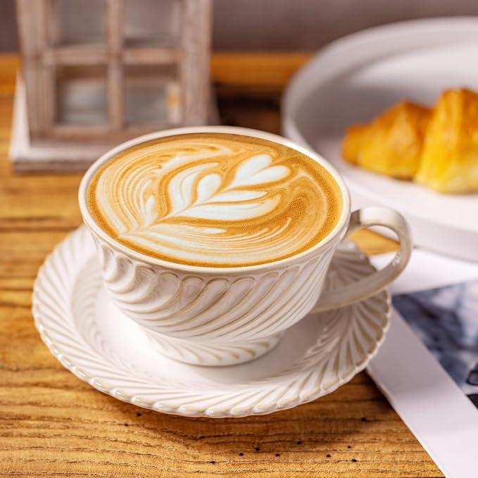 12 OZ Latte Cup with Saucer, Cappuccino Cup Vintage Cafe Art Cups - Image 7