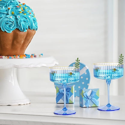 24 PCS Plastic Champagne Coupe Cup Ocean Blue Ribbed Coupe Glasses 10oz Detachable Gold Rim Espresso Martini Glass Vintage Margarita Glassware Cocktail Glass Set for Baby Shower Hanukkah