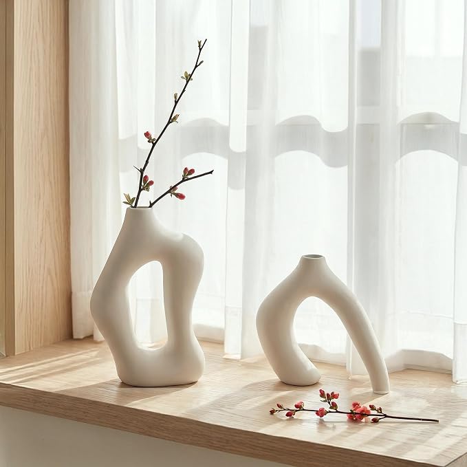 Dowan White Vases for Decor, Hollow Ceramic Vase Set of 2, 8.3" Nordic Modern - Image 7