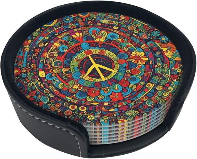 Drink Coasters with Holder Stand Set of 6, Hippies Peace Pu Leather Absorbent - Image 6