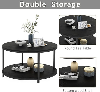 NSdirect Round Coffee Table, 27.6" Small Coffee Table for Living Room,2-Tier Rustic Wood Desktop with Storage Shelf Modern Design Home Furniture(Black)