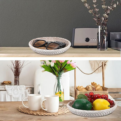 Hipiwe Small Key Basket Bowl for Entryway 7.6" Round Woven Wicker Basket Fruit Serving Tray Woven Basket Wall Decor Rattan Organizer Basket for Keys, Wallet,Whitewash