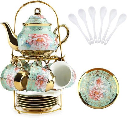 20Pcs Porcelain Tea Set with Metal Holder and Spoons, Floral Tea Sets by KUK