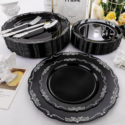 DaYammi 150 Pcs Black Silver Plastic Plates & Silver Plastic Silverware,Black silver Disposable plates for Include 30 Dinner Plate,30 Dessert Plate,30 Knives,30 Forks,30 Spoons for Party Wedding