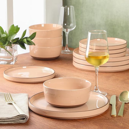 Gibson Elite Northrock Stoneware Dinnerware Set, 12-Piece Service for 4 Plates and Bowls Set – Pink Dishes with Hand-Painted Terracotta Base