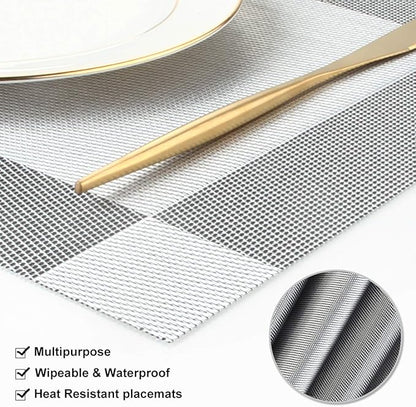 DACHUI Placemats Set of 6, Linen Look Woven Place Mats, Water Resistant, Heat Resistant, Washable, Durable Table Mats (Silver Grey)