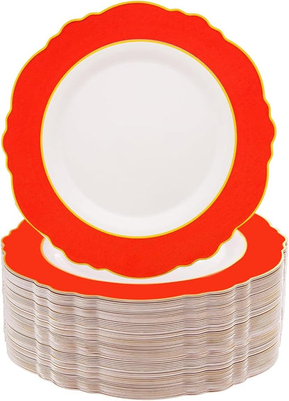 60pcs Red Plastic Plates with Gold Rim by WDF