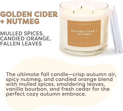 Calyan Wax Co. Golden Cider & Nutmeg 3 Wick Scented Candle - 43 Hour Burn - Luxury 3 Wick Soy Candles - Non Toxic Soy Wax Candles - Long Lasting Large Glass Jar Candle for Home - 14.9oz