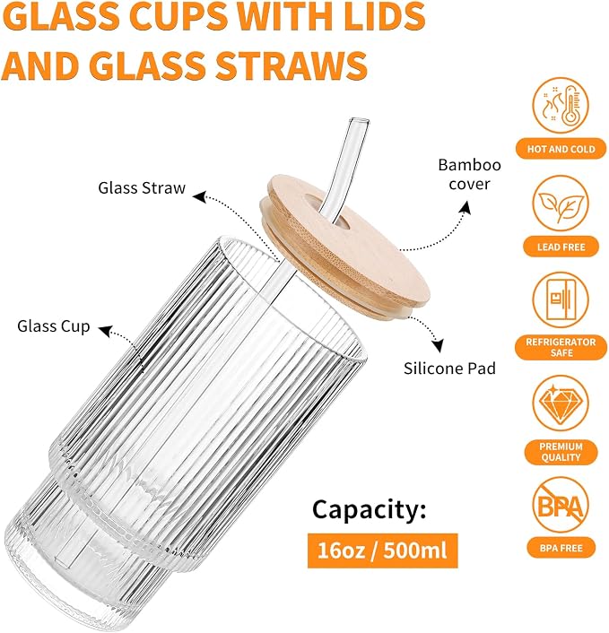 16oz Glass Cups with Lids & Straws - Image 3