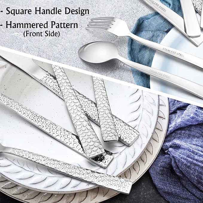E-far 50-Piece Hammered Silverware Set, Stainless Steel Square Flatware Set - Image 4