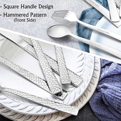 E-far 50-Piece Hammered Silverware Set, Stainless Steel Square Flatware Set - Image 4