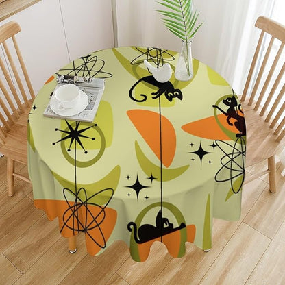 Mid Century Black Cat Round Tablecloth, Vintage Modern Bohemian Abstract Geometric Retro Art Tablecloth for Home Party Dining Room Kitchen Decor 36Inch(90cm)