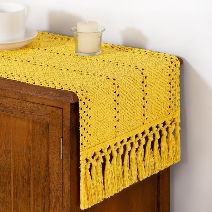 DeZerlor Yellow Boho Macrame Farmhouse Woven Table Runner 72Inch | Cotton Linen - Image 4