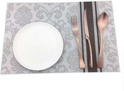 Gugrida Silver Placemats Dining Table, Heat-Resistant Placemats Stain Resistant Anti-Skid Washable PVC Table Mats Woven Vinyl Placemat, Set of 6