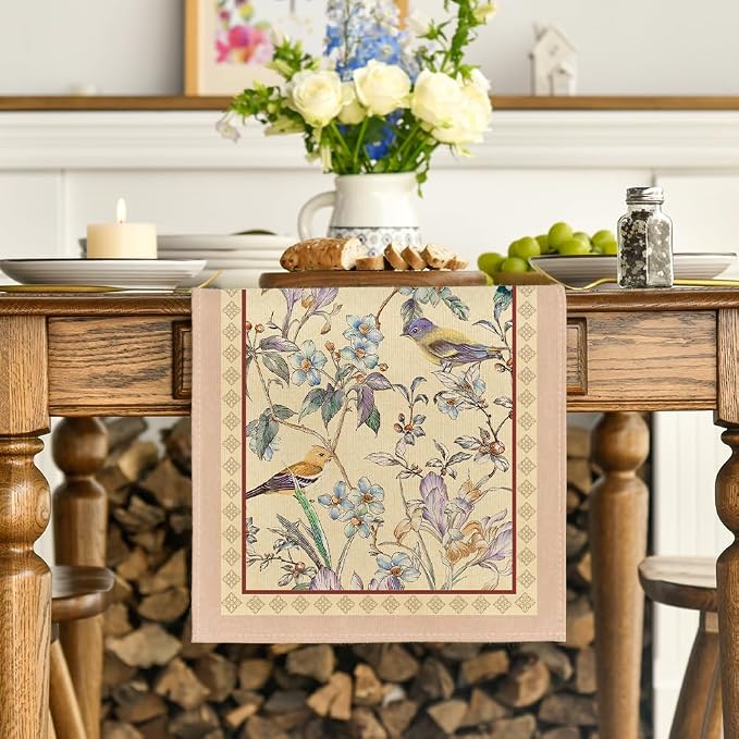 Artoid Mode Beige Birds Floral Blossom Table Runner, Seasonal Flowers Spring - Image 2